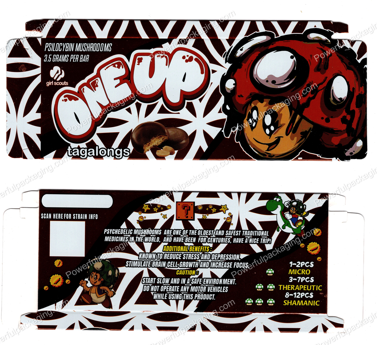 ONEUP Psilocybin Mushroom Bar : Girl Scouts (tagalongs) 3.5g (10 Pack Box Set) (2.5x5.5in) *Empty Box* (CaSupply) #X1
