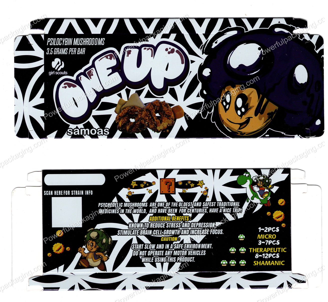 ONEUP Psilocybin Mushroom Bar : Girl Scouts (samoas) 3.5g (10 Pack Box Set) (2.5x5.5in) *Empty Box* (CaSupply) #X1 *DISPLAY BOX MISSING*