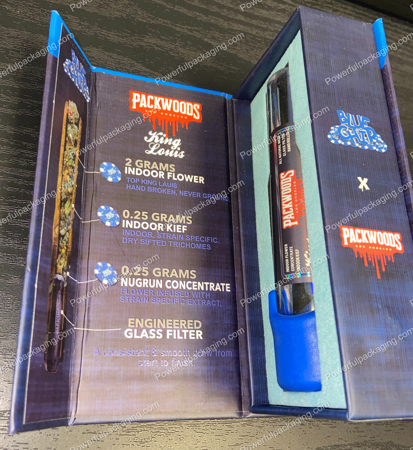 Packwoods Los Angeles x Blue Chip : (King Louis) Hybrid, Glass Tube, Magnetic Box, Stickers, Wax and Tip/ Mouthpiece 'PREROLLED BLUNT' *Empty Pre-Rolls* (50/100 Pack Set) (CA-Supply)