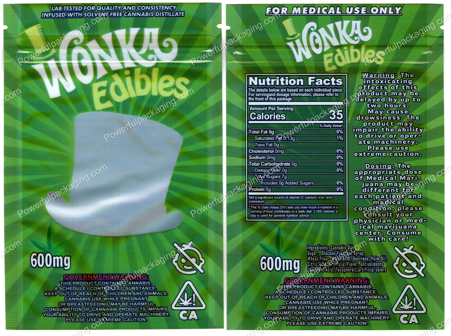 Wonka Edibles (Green) 600mg Mylar (6x4in) Packaging *Empty Bags*