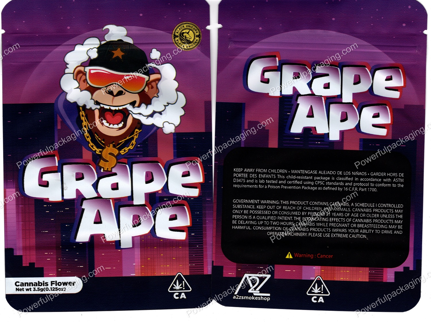 BLACK UNICORN : Grape Ape (5.5x4in) Packaging 3.5 Mylar Bag *Empty Bags* (BackBin)