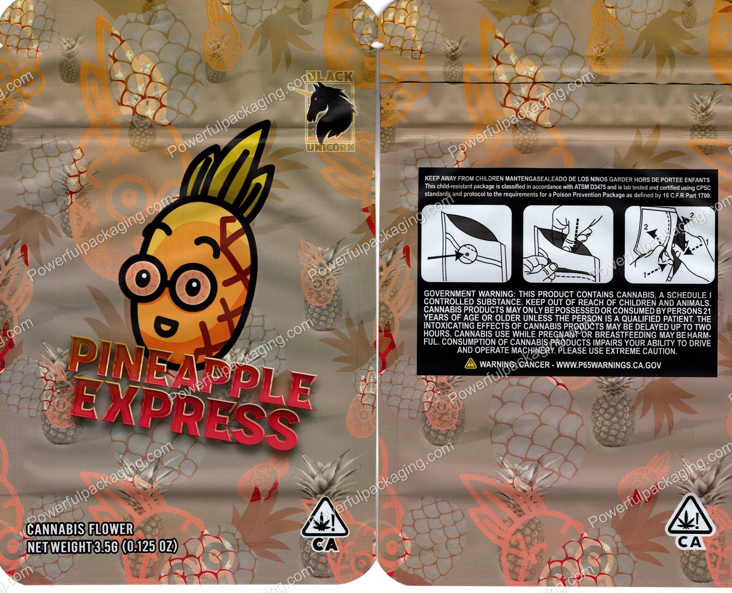 BLACK UNICORN : Pineapple Express (6.5x4.25in) Packaging 3.5 Mylar Bag *Empty Bags* (BackBin)