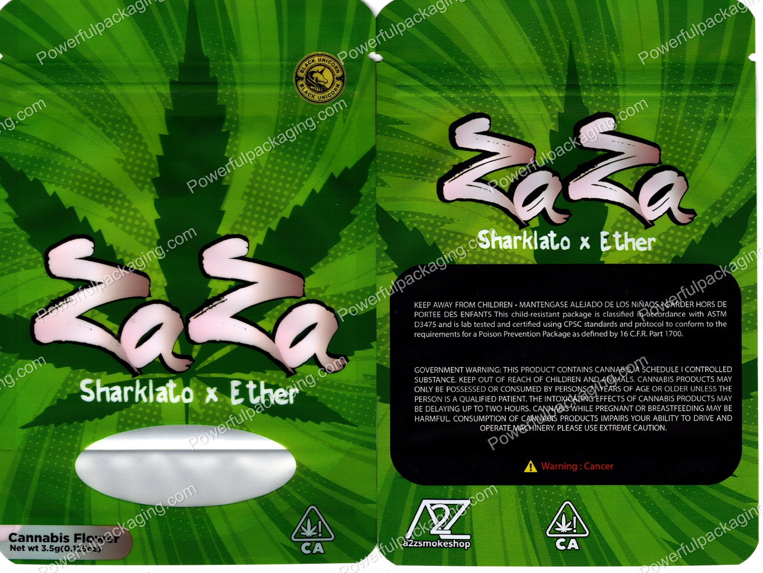 BLACK UNICORN : ZaZa (Sharklato x Ether) (5.75x4in) Packaging 3.5 Mylar Bag *Empty Bags* (BackBin)