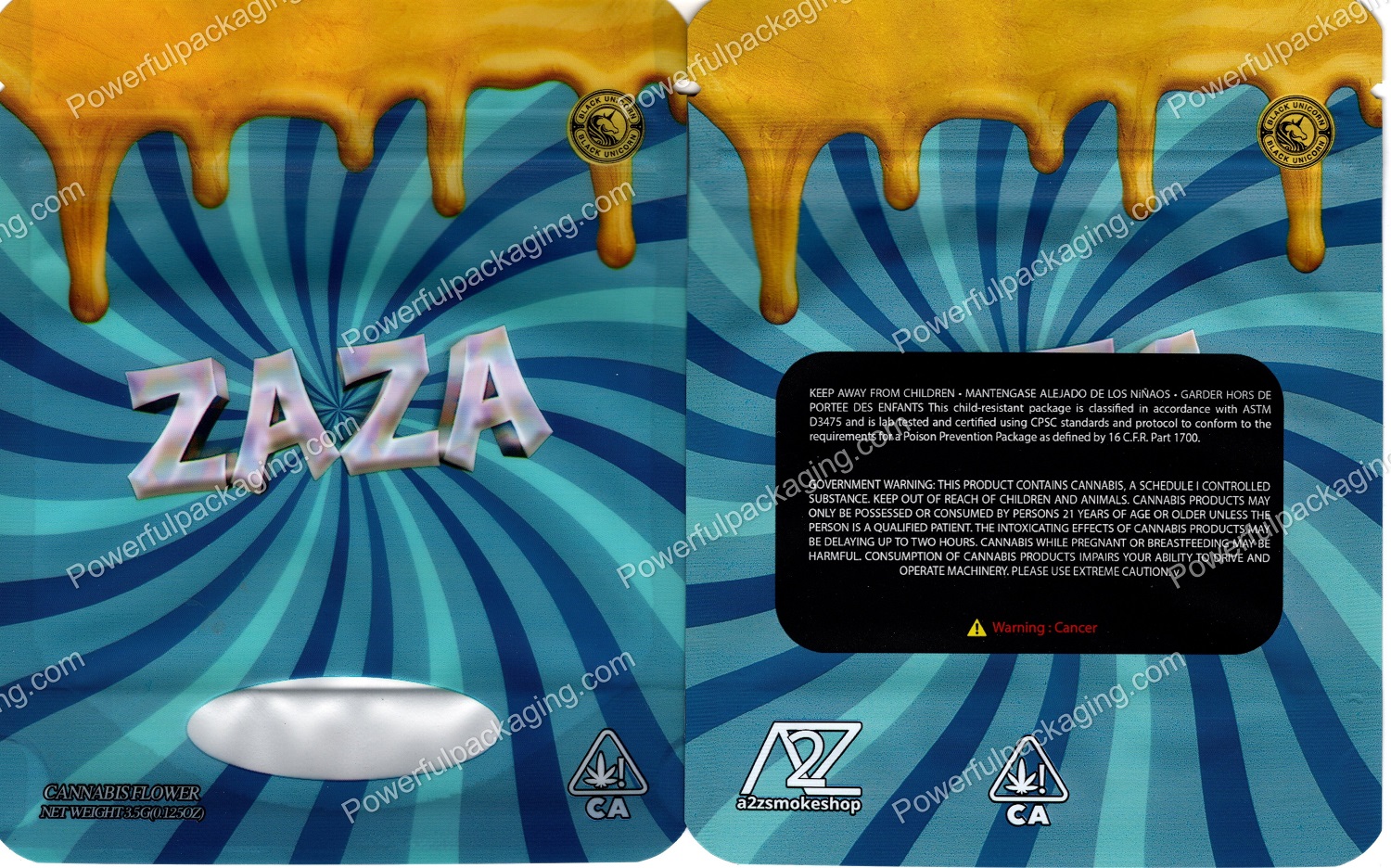 BLACK UNICORN : ZAZA (4.75x4in) Packaging 3.5 Mylar Bag *Empty Bags* (BackBin)