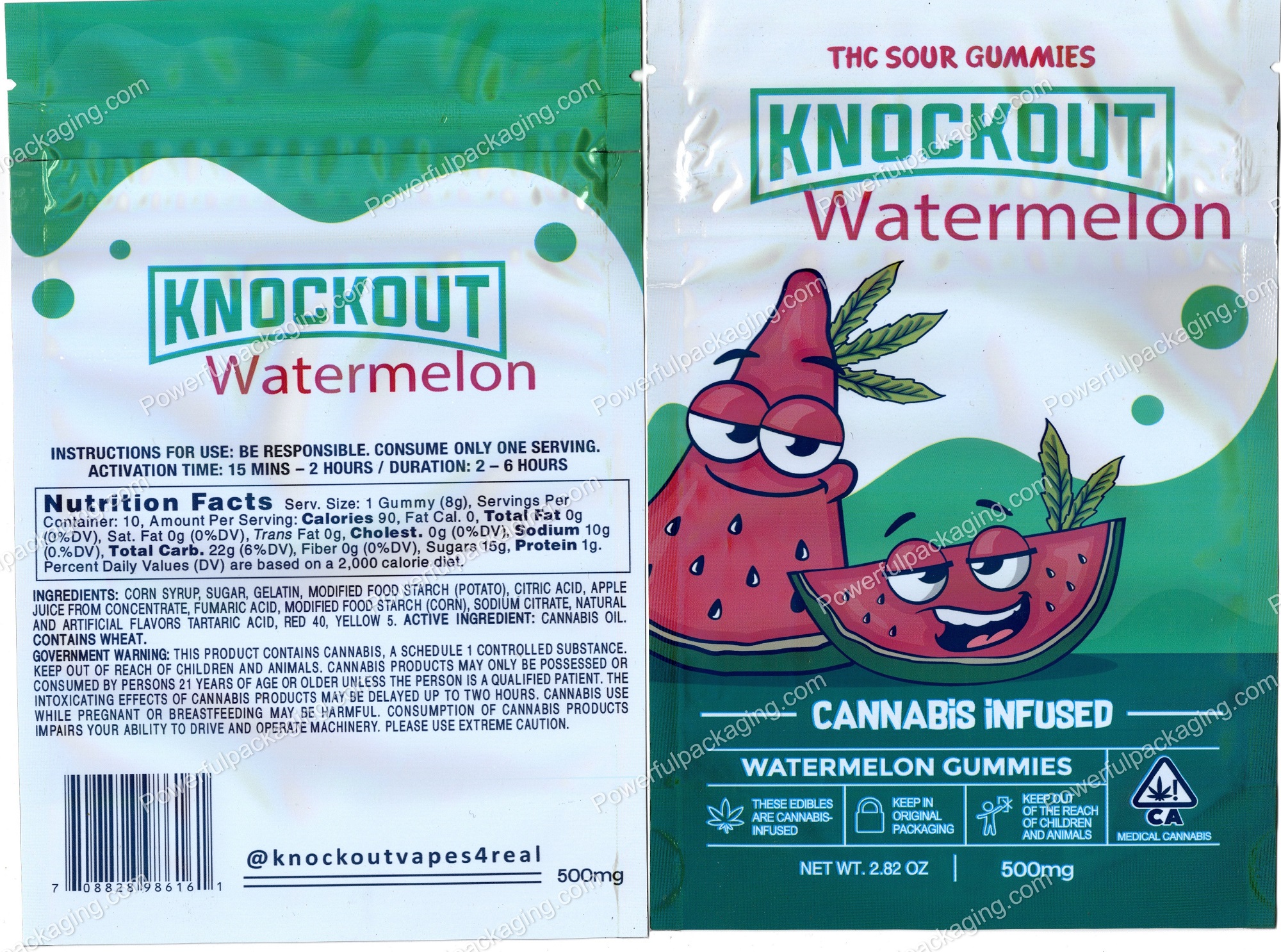 KNOCKOUT : THC Sour Gummies Watermelon (6.5x4.5in) Edible Packaging Mylar Bag *Empty Bags* (BackBin)