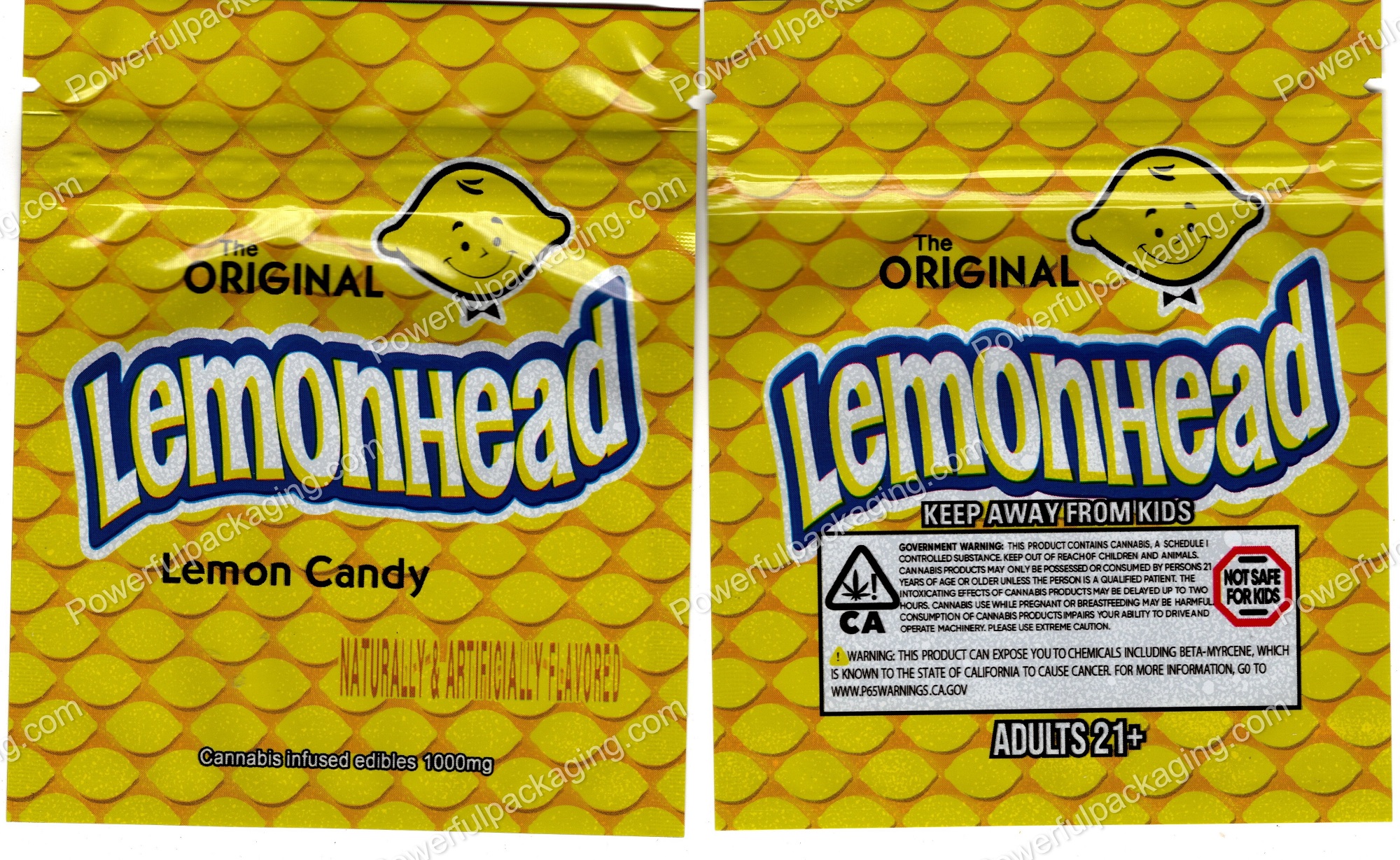 LemonHead : The Original Lemon Candy 1000mg (4.25x3.5in) Edible Packaging Mylar Bag *Empty Bags*