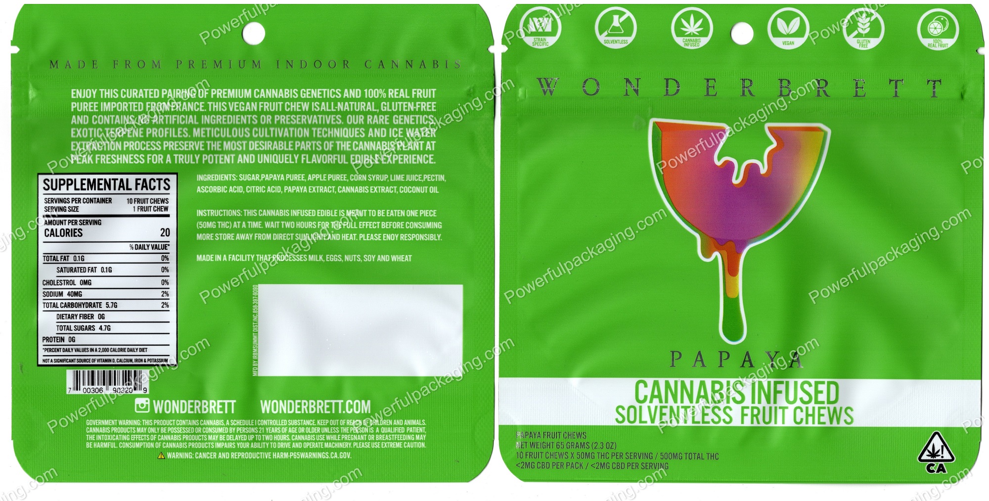 WONDERBRETT : PAPAYA Cannabis Infused Solventless Fruit Chews Edible Packaging Mylar Bag *Empty Bags*