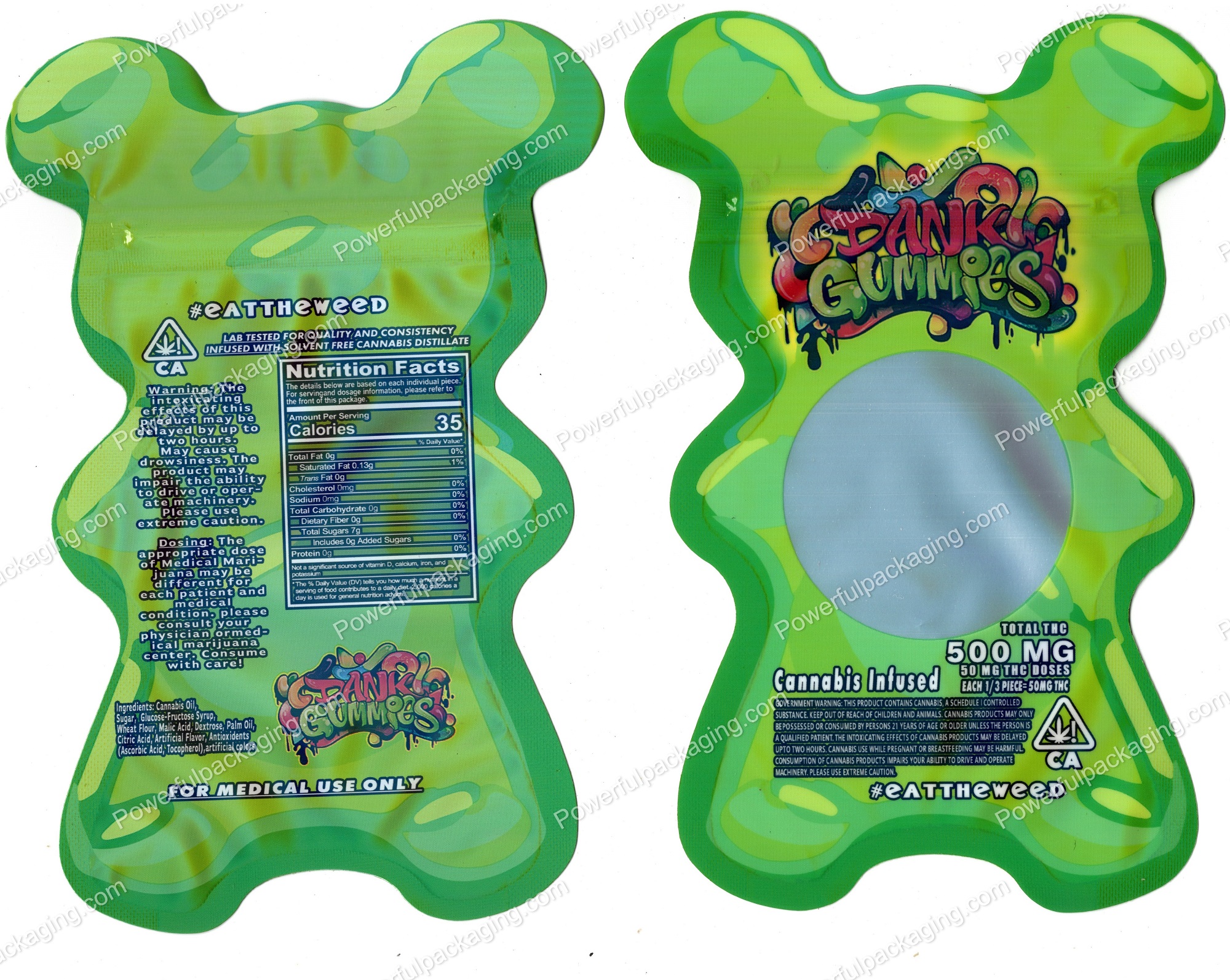 Dank Gummies Green 3D Bear 500mg Mylar Shaped Edible Packaging *Empty Bags*