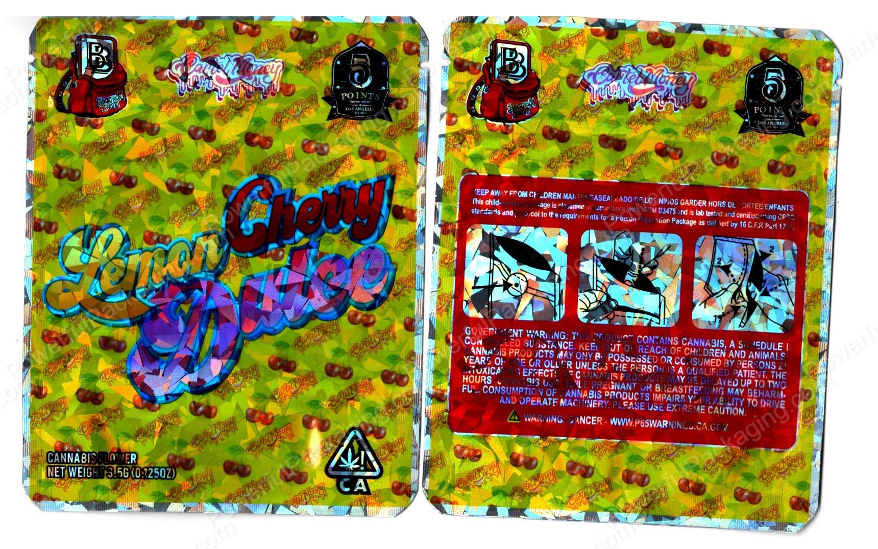BACKPACK BOYZ : Lemon Cherry Dulce Holographic Packaging 3.5 Mylar Bag *Empty Bags*