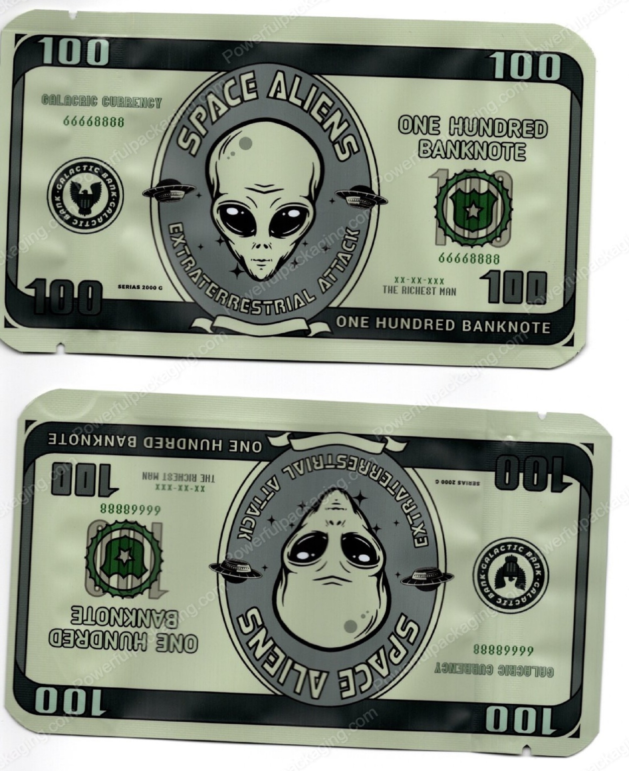 Space Aliens Galacric Currency One Hundred Banknote Bill Mylar Shaped Bag (5.5x3in) 3.5g Flower Packaging *Empty Bags* (CAsupply) (#M)