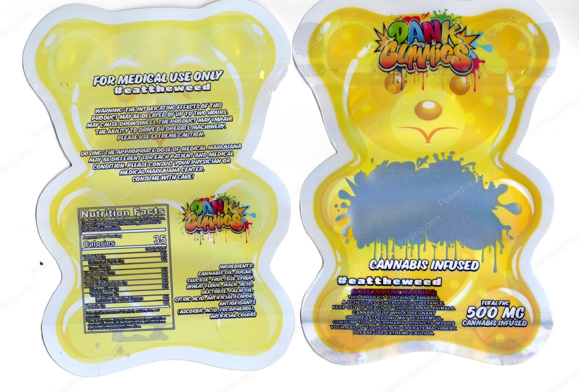 Dank Gummies Cannabis Infused Yellow Stand Up Bear 500mg Mylar Shaped Edible Packaging *Empty Bags* (#M)