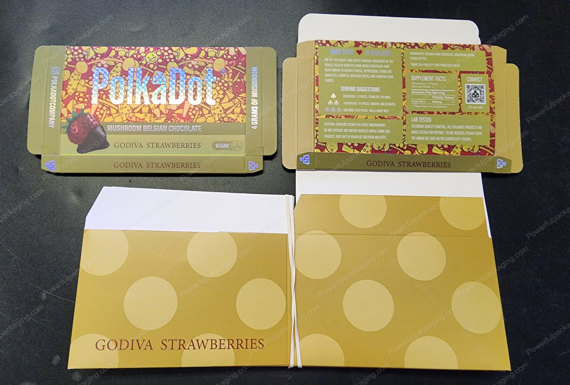 Large PolkaDot Magic Mushroom Belgain Chocolate : Godiva Strawberries 4g 10-Pack with Master Case and Sleeve (5.5x3.5in) *Empty Box*