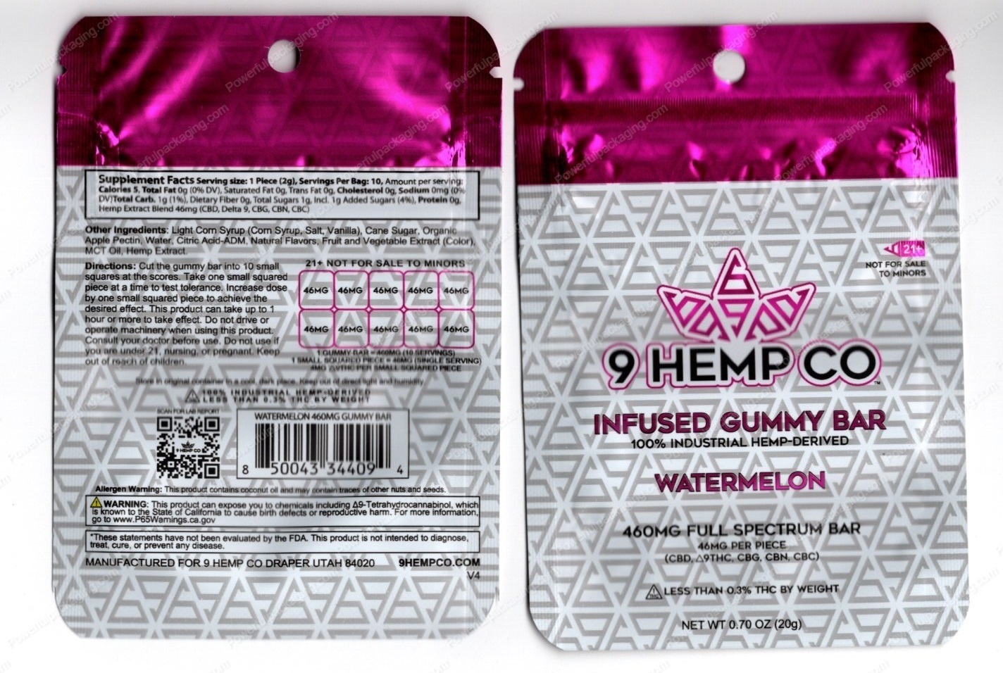 9 Hemo Co : Watermelon Infused Gummy Bar 460mg CBD Delta-9 Mylar Bag Edibles Packaging *Empty Bags* (#Delta)