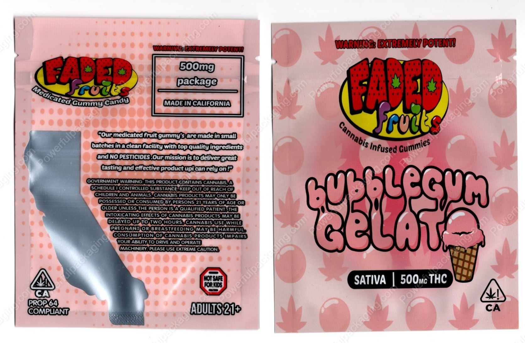 FADED fruits : bubblegum Gelato (Sativa 500mg) THC Gummies Edible Mylar Bag *Empty Bags* (CaSupply) (#C3S)