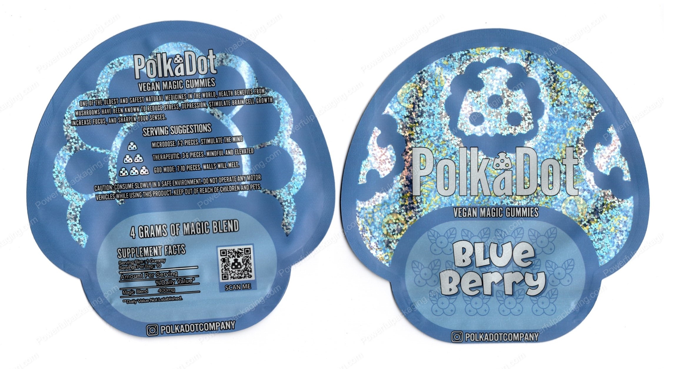 Polkadot Blue Berry Vegan Mushroom Gummies 4G Edible Mylar Shaped Bag Packaging *Empty Bags* (#C1)