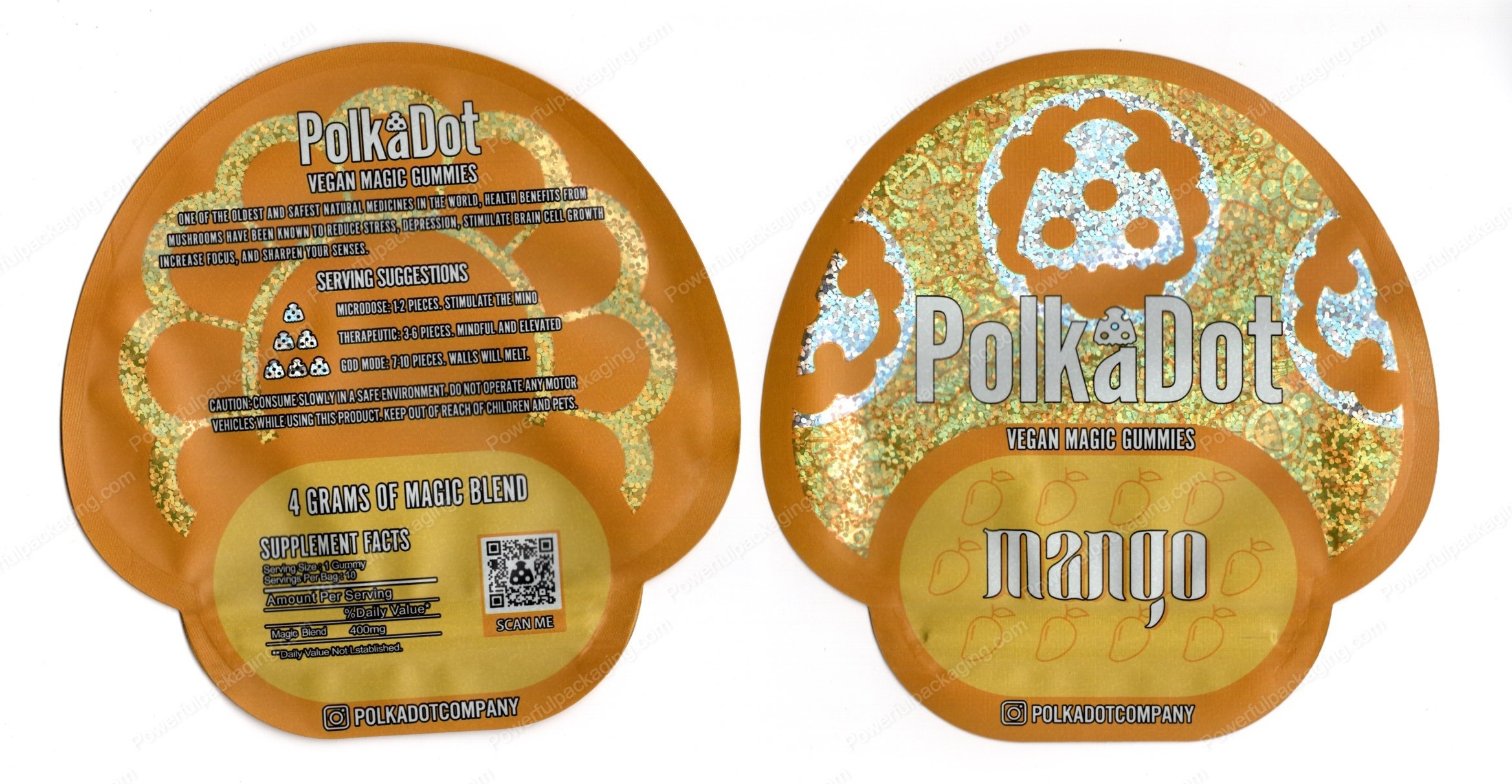 Polkadot Mango Vegan Mushroom Gummies 4G Edible Mylar Shaped Bag Packaging *Empty Bags* (#C1)