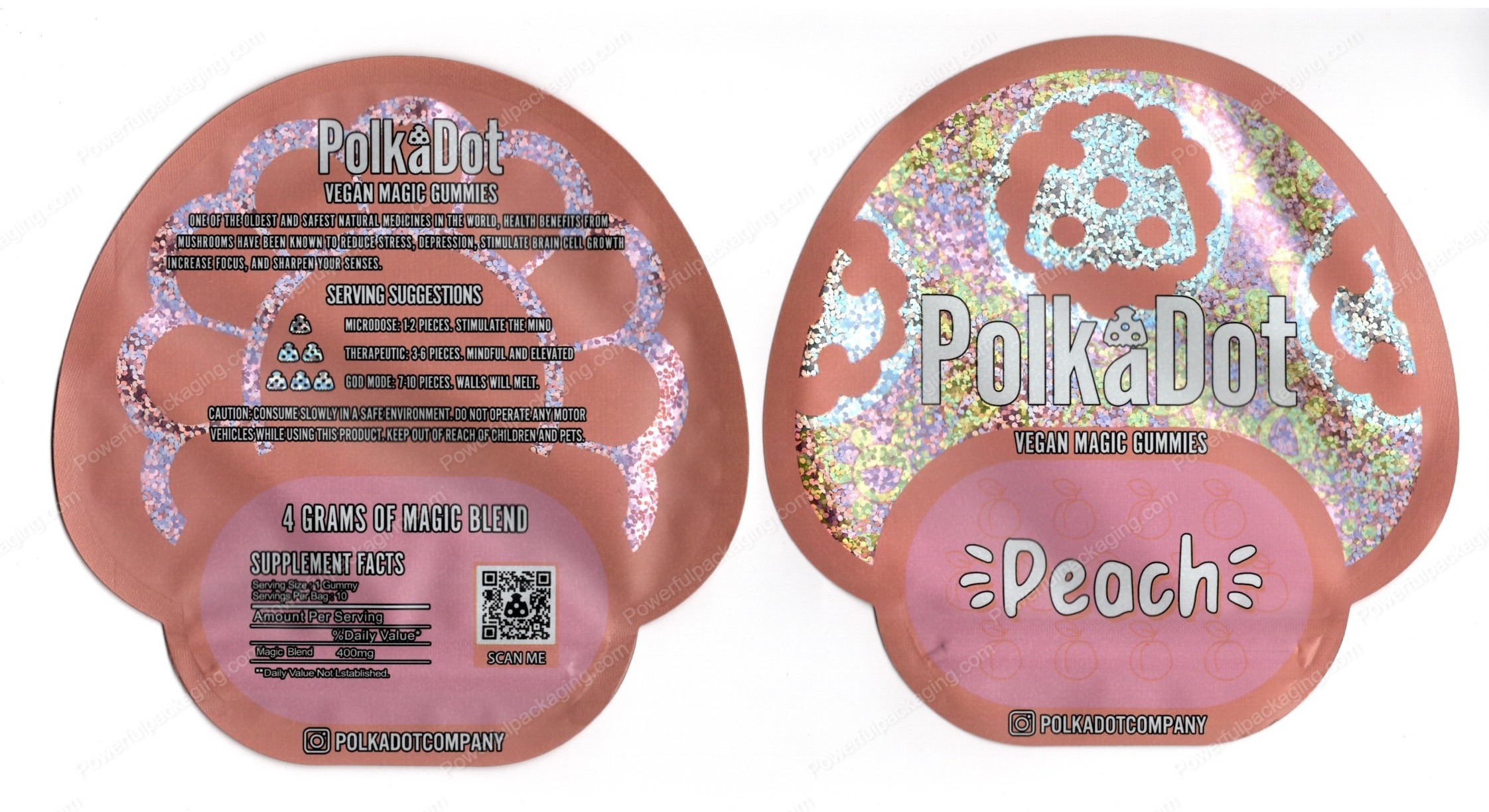 Polkadot Peach Vegan Mushroom Gummies 4G Edible Mylar Shaped Bag Packaging *Empty Bags* (#C1)