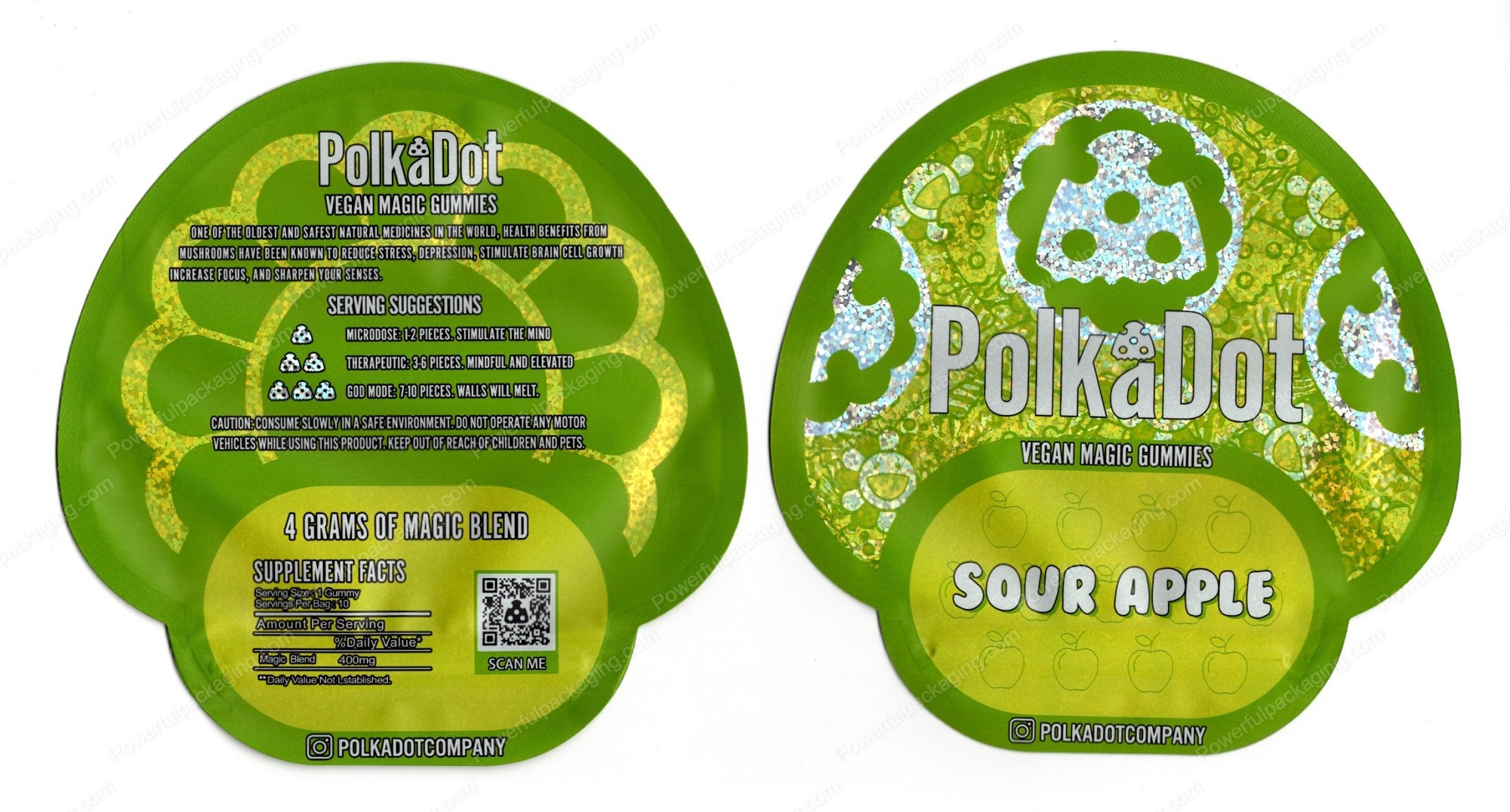 Polkadot Sour Apple Vegan Mushroom Gummies w/ Display Case 4G Edible Mylar Shaped Bag Packaging *Empty Bags* (#C1)