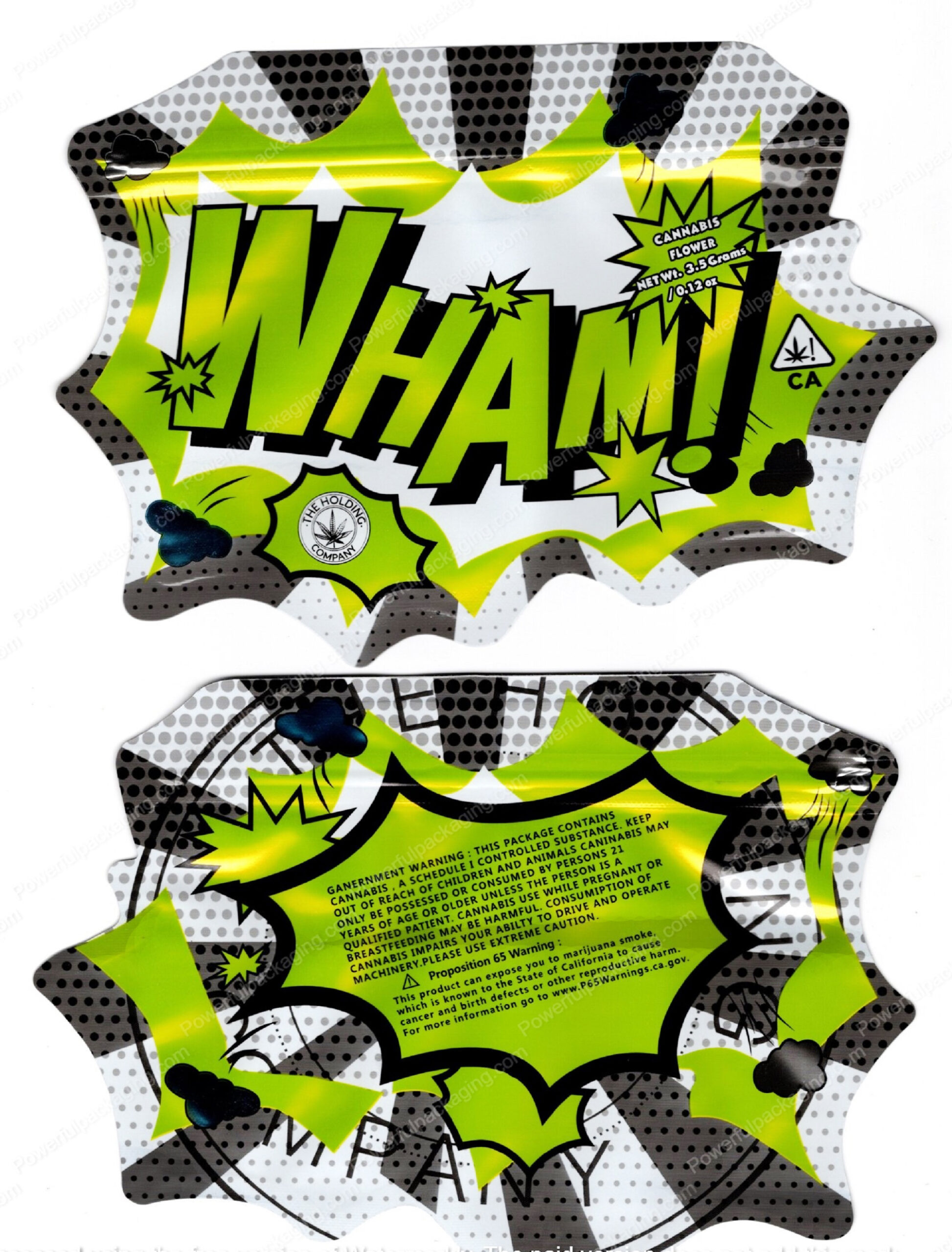 The Holding Company : WHAM! Green 3.5 Mylar Shaped Bag Flower Packaging *Empty Bags* (#RC1)