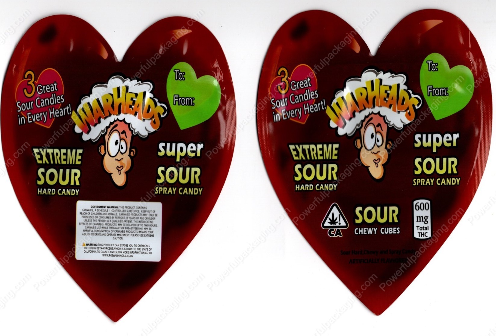 Warheads Extreme Sour Hard Candy Sour Chewy Cubes Mylar Heart Shaped 600mg THC Bag Edibles Packaging *Empty Bags* (#C2S)