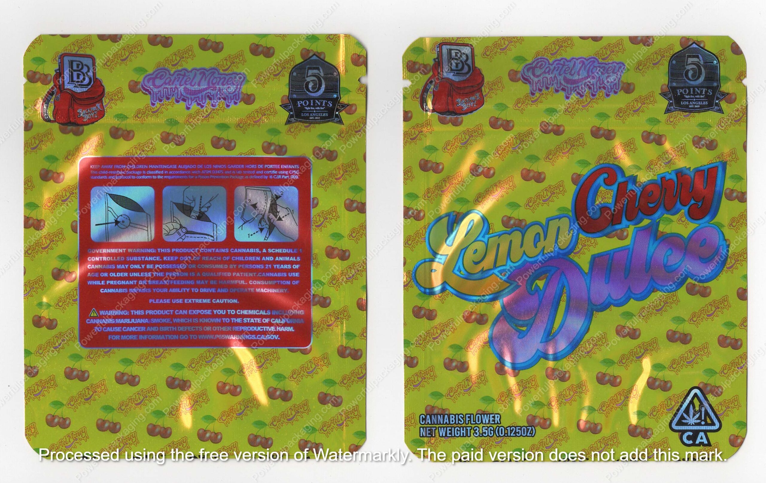 Lemon Cherry Dulce Backpack Boyz Cartel Money 5 Points Flower Bag 3.5 Mylar Bag *Empty Bags* (#A5)